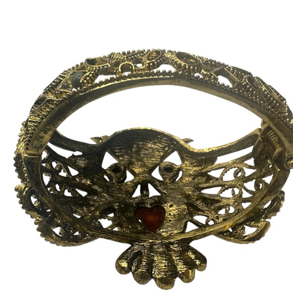 Antiqued Tone Owl Clamper Bracelet Rhinestone Statement Goth Heart Crystal Cuff - Picture 2 of 9